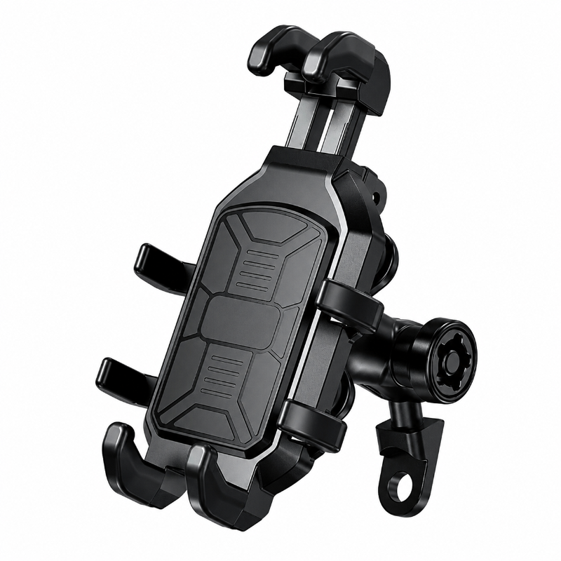 A black plastic and metal car phone mount with adjustable cradle arms and a mounting bracket, shown on a plain white background.