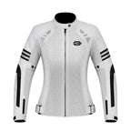 A white and black motorcycle jacket with a full front zipper, high collar, and a stylized 'C' logo on the left chest, displayed on a clean white background.