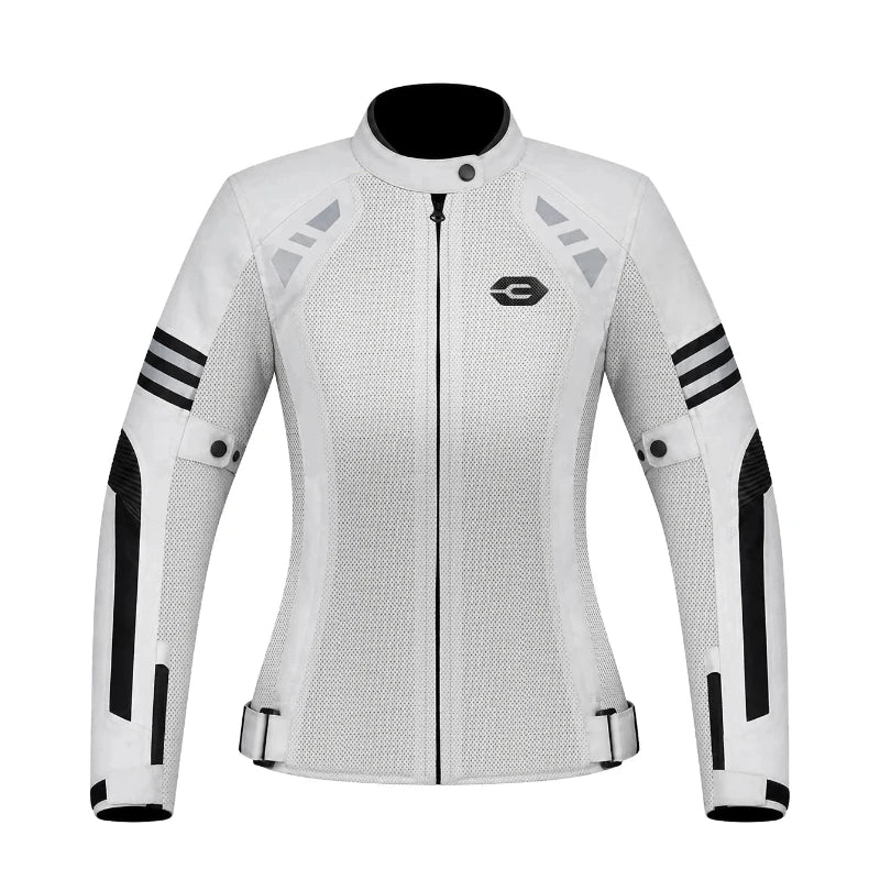 A white and black motorcycle jacket with a full front zipper, high collar, and a stylized 'C' logo on the left chest, displayed on a clean white background.