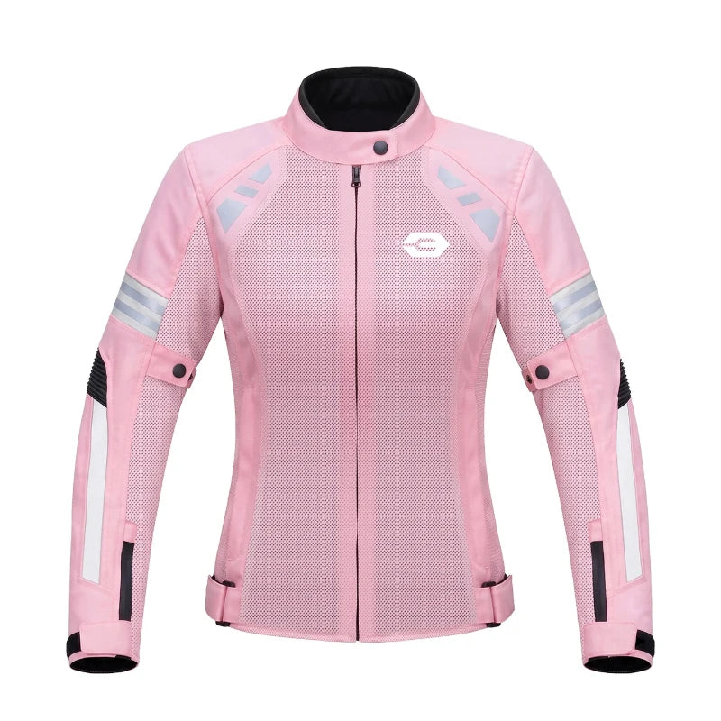 A pink long-sleeve motorcycle jacket with a front zipper, high collar, reflective silver stripes on the sleeves, and a small white logo on the left chest, shown against a plain white background.