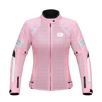 A pink long-sleeve motorcycle jacket with a front zipper, high collar, reflective silver stripes on the sleeves, and a small white logo on the left chest, shown against a plain white background.