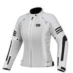 A white women's motorcycle jacket with black and gray accents, featuring a full front zipper, high collar, and reflective-style geometric details