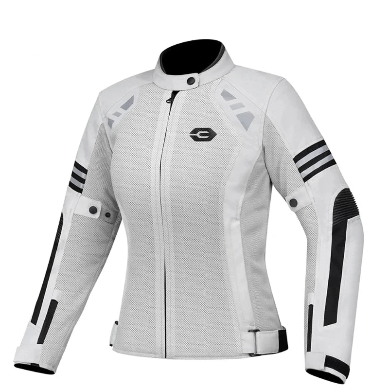 A white women's motorcycle jacket with black and gray accents, featuring a full front zipper, high collar, and reflective-style geometric details