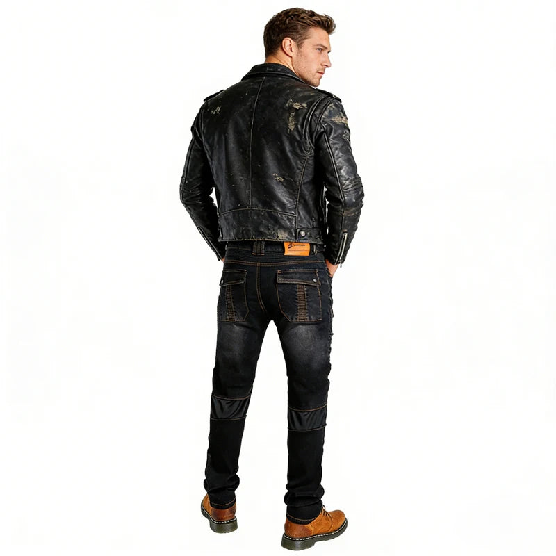 A man wearing a black distressed leather jacket, dark wash jeans, and brown boots, shown from the back against a solid white background.