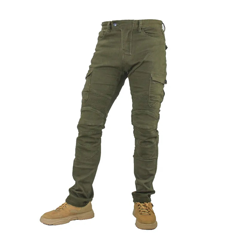 Olive green tactical cargo pants with reinforced knee panels and side utility pockets, shown on a model wearing tan boots against a white background.