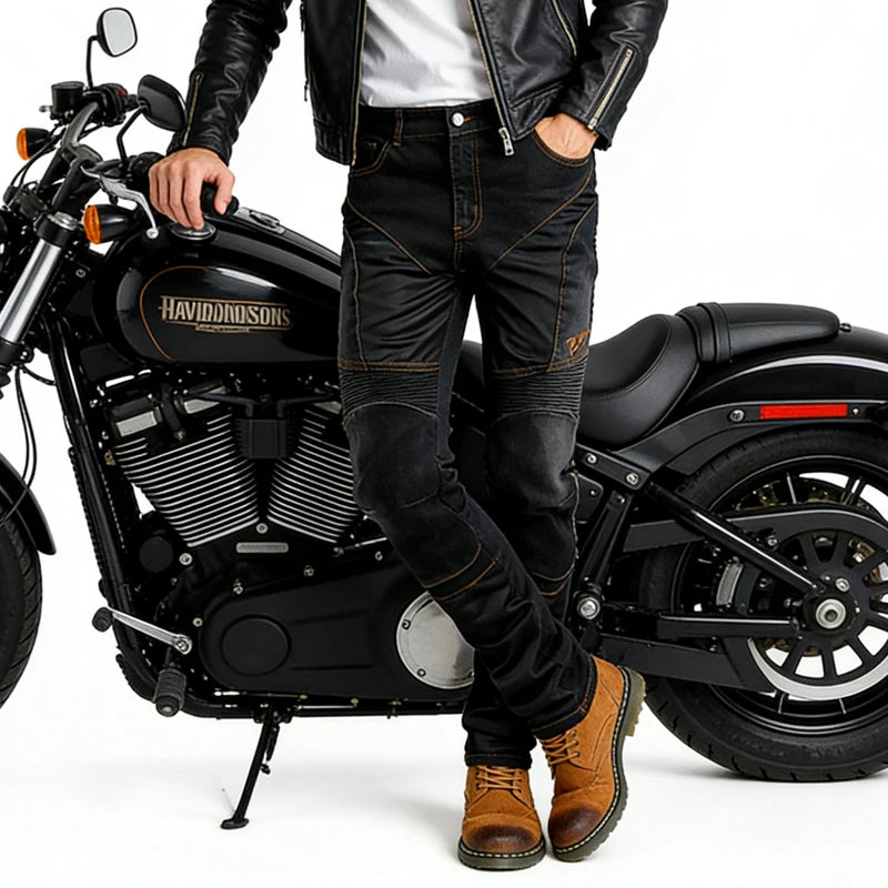 A person wearing black leather jacket, black motorcycle jeans with contrast stitching, and brown boots, posing next to a black Harley-Davidson motorcycle on a white studio background.