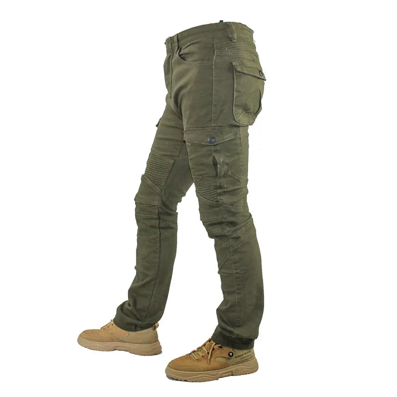 Olive green tactical cargo pants shown on a model from the side, paired with tan work boots against a plain white background.