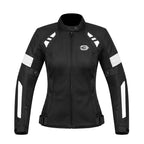 A black women's motorcycle jacket with white reflective stripe accents on the shoulders, sleeves, and sides, featuring a full front zipper and a stylized 'B' logo on the chest.