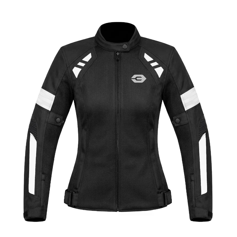 A black women's motorcycle jacket with white reflective stripe accents on the shoulders, sleeves, and sides, featuring a full front zipper and a stylized 'B' logo on the chest.
