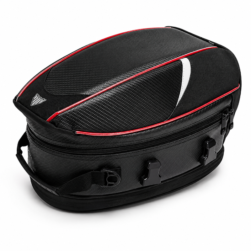 A black motorcycle tank bag with a carbon fiber pattern, red piping accents, and a white swoosh design on a clean white background.