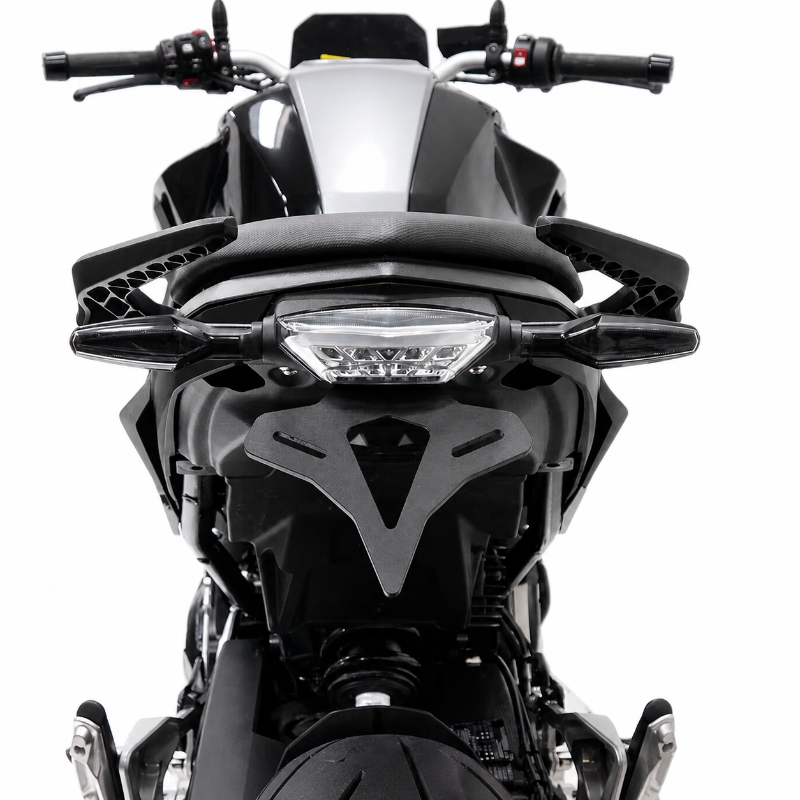 Black motorcycle handlebar guards installed on the front and rear of a sportbike, shown against a solid white background.