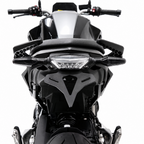 Black motorcycle handlebar guards installed on the front and rear of a sportbike, shown against a solid white background.