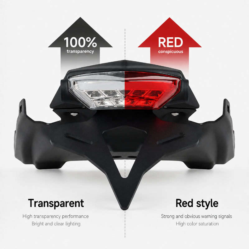 A motorcycle rear light assembly shown on a light gray background with explanatory text and arrows. The product is black with a split transparent and red lens design, labeled '100% transparency' and 'RED conscious.