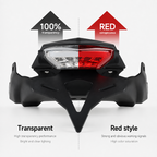 A motorcycle rear light assembly shown on a light gray background with explanatory text and arrows. The product is black with a split transparent and red lens design, labeled '100% transparency' and 'RED conscious.