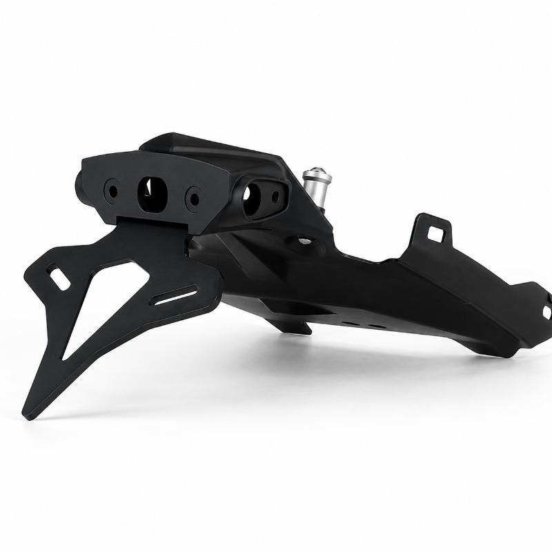 A black metal motorcycle rear license plate frame with mounting brackets and a silver mounting bolt, shown on a clean white background.