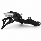 A black motorcycle rear fender and license plate bracket assembly with a clear plastic license plate cover, shown on a white background.