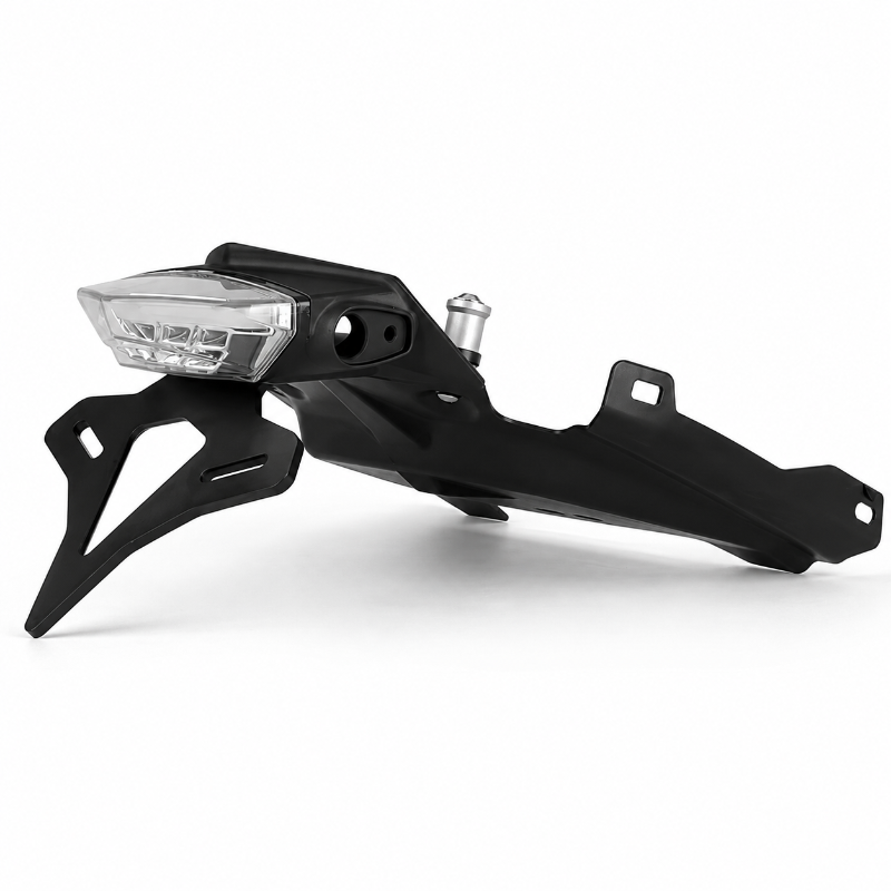 A black motorcycle rear fender and license plate bracket assembly with a clear plastic license plate cover, shown on a white background.