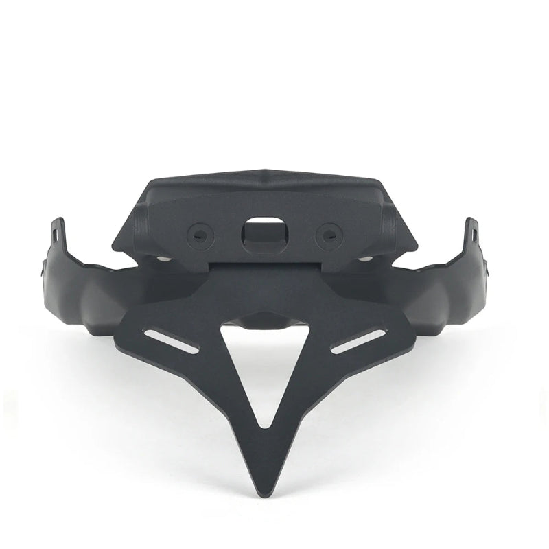 Black plastic license plate frame for BMW F900R 2020-Up motorcycle, shown without LED lights, on a white background with text overlay.