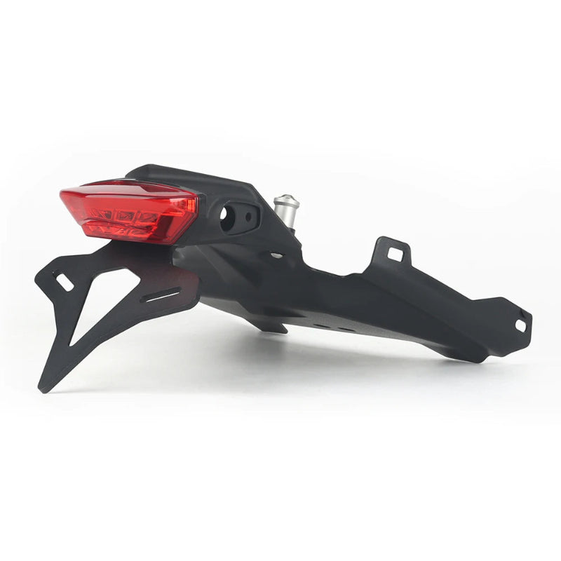 A black motorcycle rear license plate frame with an integrated red taillight, shown on a clean white background.