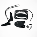 Black metal motorcycle license plate frame kit with mounting hardware and wiring harnesses, laid out on a white background.