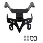 Black metal license plate frame kit with mounting hardware, shown on a plain white background.