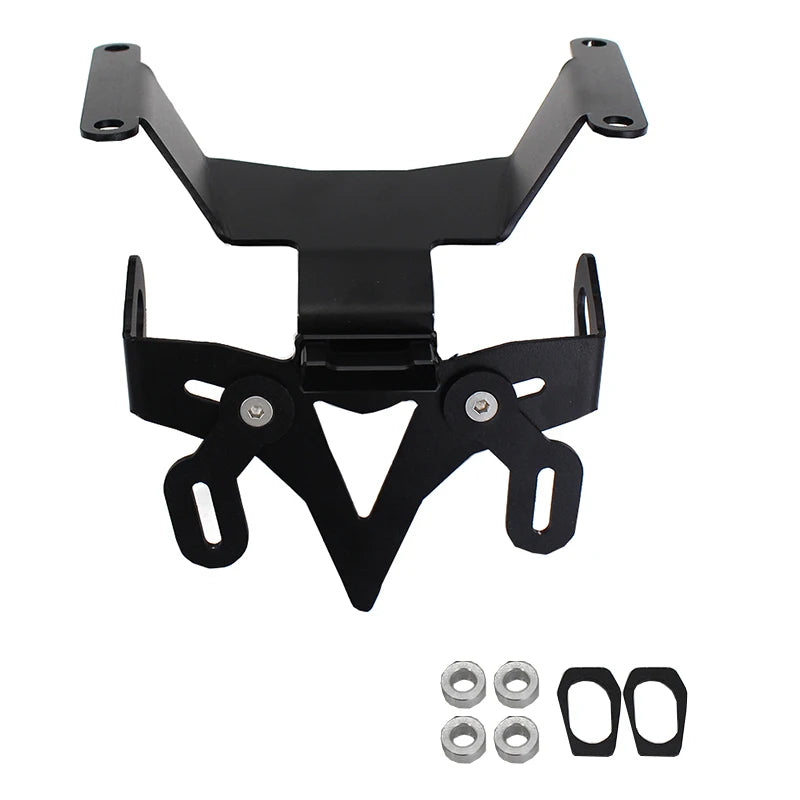 Black metal license plate frame kit with mounting hardware, shown on a plain white background.