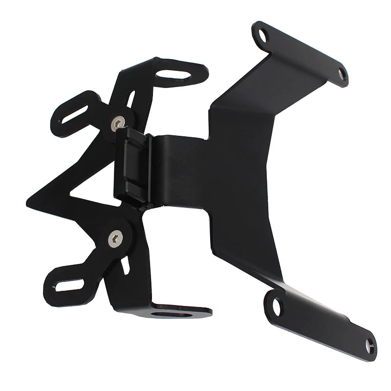 A black metal mounting bracket with multiple screw holes and hinges, shown on a plain white background.