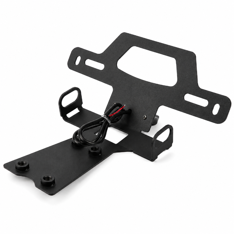 A black metal license plate frame with an integrated rear camera cable and mounting brackets, shown on a clean white background.