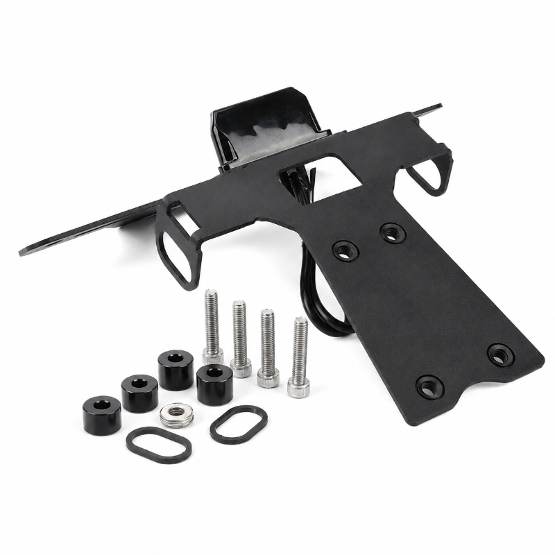 Black metal mounting bracket kit with silver screws, black rubber bushings, and O-rings, displayed on a clean white background.