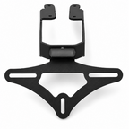 A black metal mounting bracket with a wide triangular base, two vertical upright sections, and a small cylindrical component, shown on a plain white background.