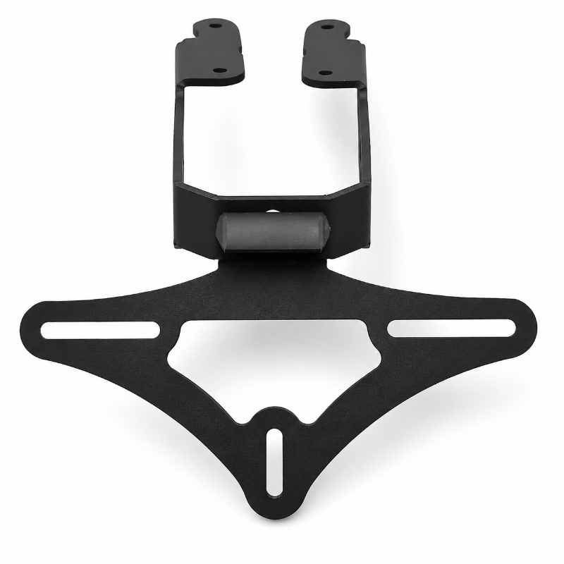 A black metal mounting bracket with a wide triangular base, two vertical upright sections, and a small cylindrical component, shown on a plain white background.