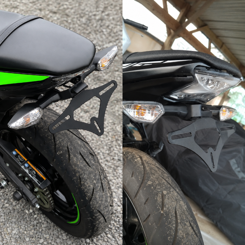 A black metal motorcycle rear rack bracket shown installed behind a motorcycle in two close-up views, with gravel pavement on the left and a covered vehicle under a shelter on the right.