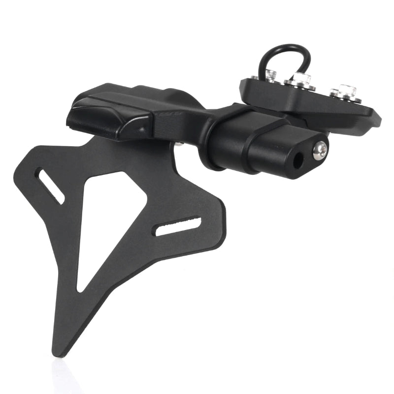 A black metal motorcycle license plate frame with a mounting bracket and quick-release clamp, shown on a clean white background.