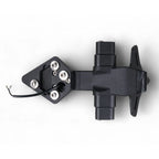 A black plastic and metal mounting bracket assembly with four silver screws and a short black wire lead, photographed on a clean white background.
