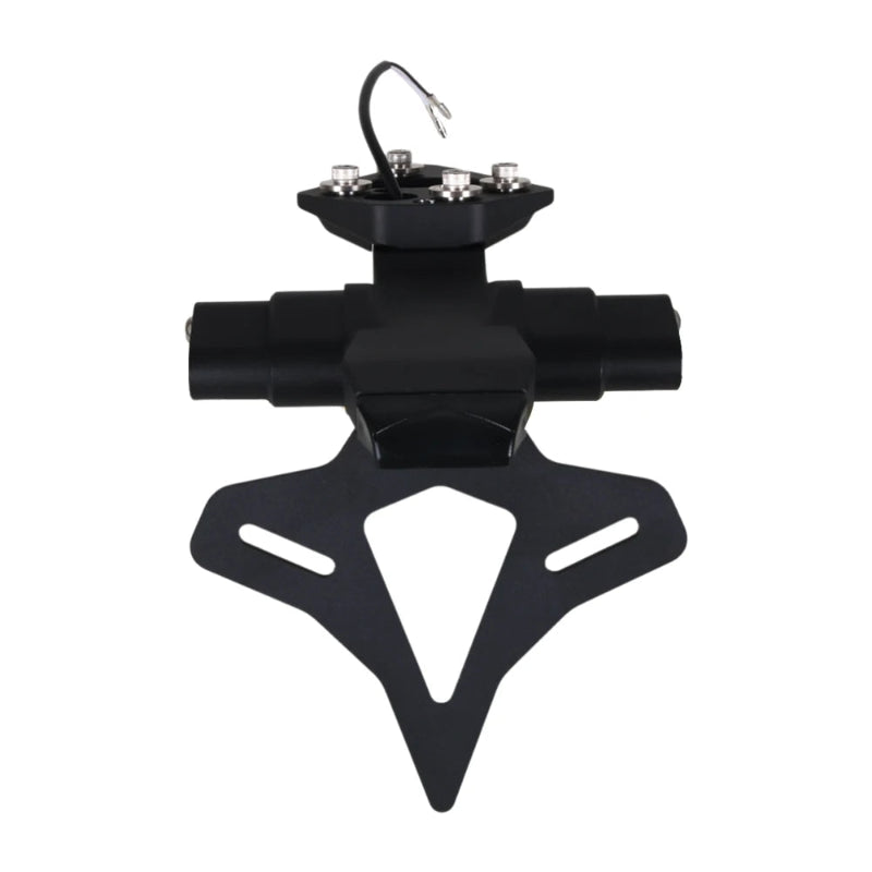 A black metal motorcycle license plate frame mount with a mounting bracket, central post, and a wire connector at the top, shown on a plain white background.
