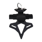 A black metal motorcycle license plate frame mount with a mounting bracket, central post, and a wire connector at the top, shown on a plain white background.