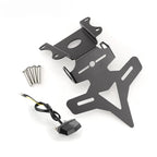 Black metal motorcycle license plate frame kit with mounting bracket, six screws, and a black horn with attached wiring, shown on a white background.