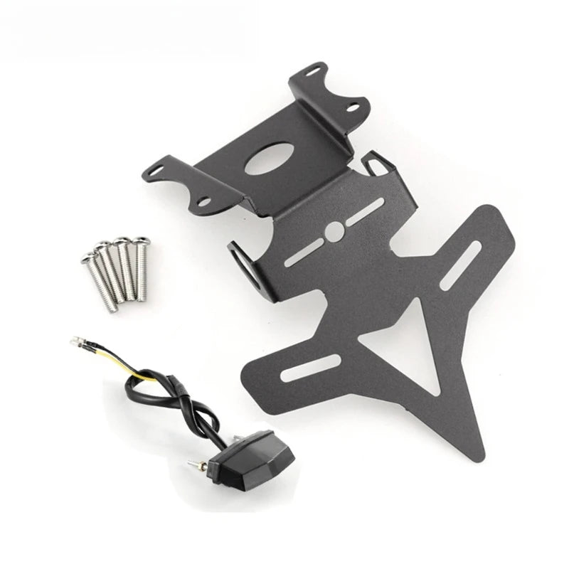 Black metal motorcycle license plate frame kit with mounting bracket, six screws, and a black horn with attached wiring, shown on a white background.