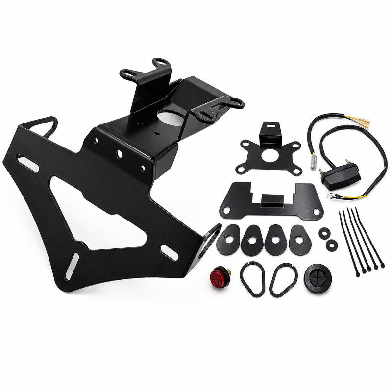 Black metal motorcycle license plate frame kit with mounting brackets, wire harness, zip ties, washers, and a small red button, arranged on a white background.