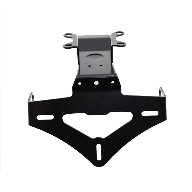 A black metal license plate frame with a mounting bracket, shown against a plain white background.