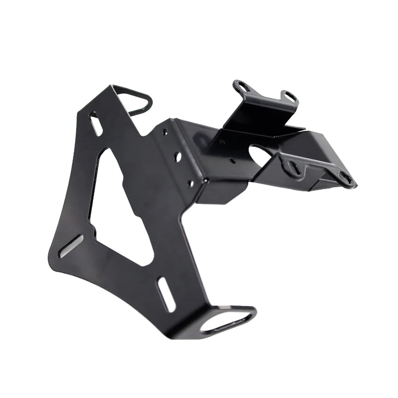 A black metal mounting bracket or frame component with pre-drilled holes and cutouts, shown on a plain white background.
