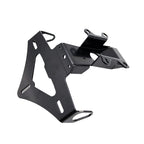A black metal mounting bracket or frame component with pre-drilled holes and cutouts, shown on a plain white background.