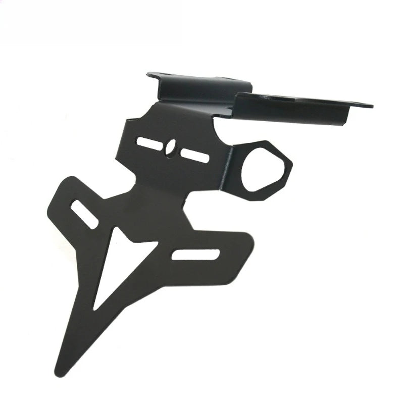 A black metal motorcycle license plate frame bracket, shown from a three-quarters perspective on a solid white background.