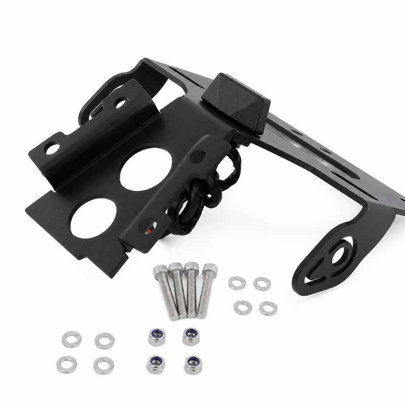Black metal mounting bracket kit with six silver bolts, washers, and nuts, displayed on a clean white background.