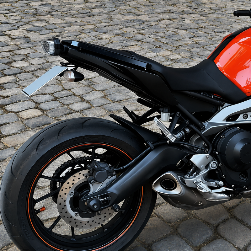 Close-up rear three-quarter view of a sport motorcycle parked on cobblestone pavement, showing the black seat, rear light, exhaust, wheel, and part of the orange fuel tank.