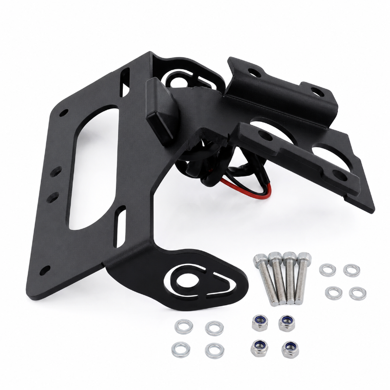 Black metal license plate frame with mounting hardware including silver bolts, washers, and nuts, shown on a white background.