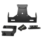Black metal license plate frame kit with mounting brackets and a small wiring module, shown on a plain white background.