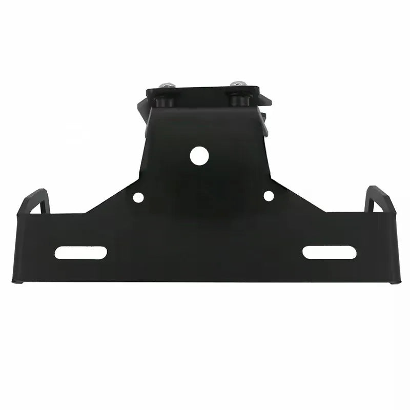 A black metal mounting bracket or frame component with pre-drilled holes and a bolted top section, shown against a plain white background.