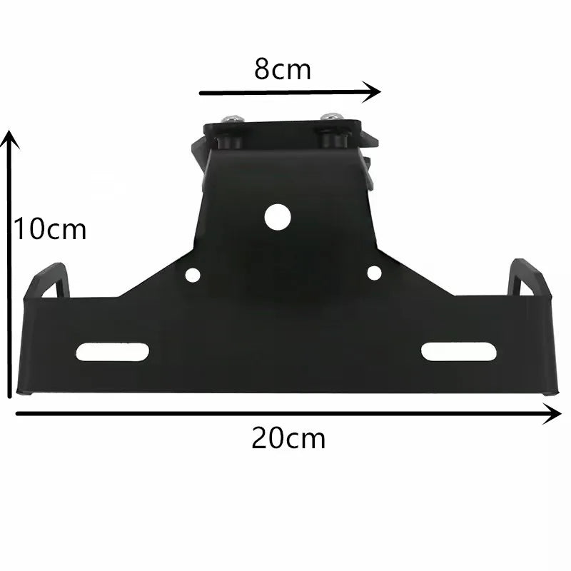 Black metal mounting bracket shown on a white background with dimension arrows and labels indicating 20 cm width, 10 cm height, and 8 cm top width.
