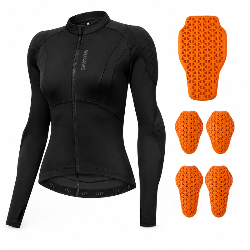 A black long-sleeve cycling jersey with a full front zipper and the brand name 'WOGAME' printed vertically on the chest, shown alongside four bright orange protective pad inserts on a plain white background.